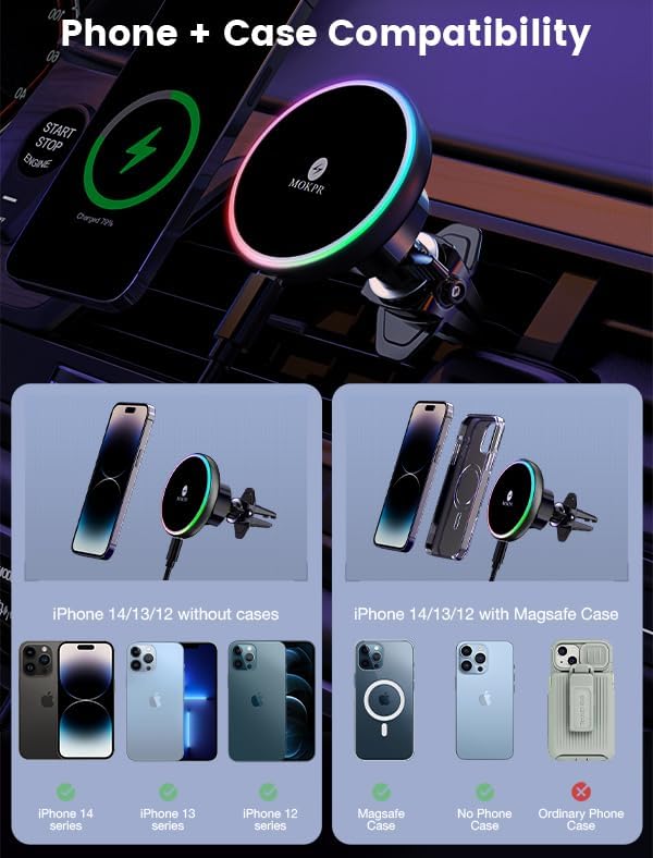 for Magsafe Car Mount Charger 15W LED RGB Car Phone Holder for Dash Vent - Image 3