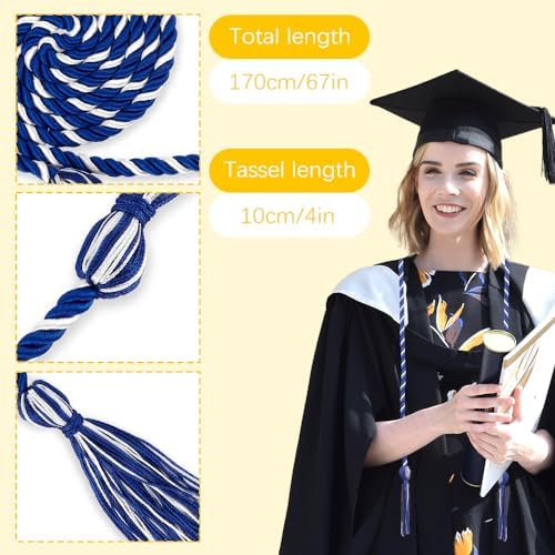Royal Blue & White Honor Cords - 8pcs Braided Graduation Ropes - 67" Long - Bachelor Gown Accessories - Image 2