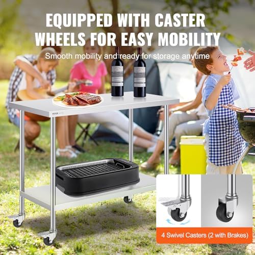 VEVOR Stainless Steel Work Table 24 x 48 x 38 Inch, with 4 Wheels, 3 Adjustable Height Levels, Heavy Duty Food Prep Worktable for Commercial Kitchen Restaurant, Silver - Image 6