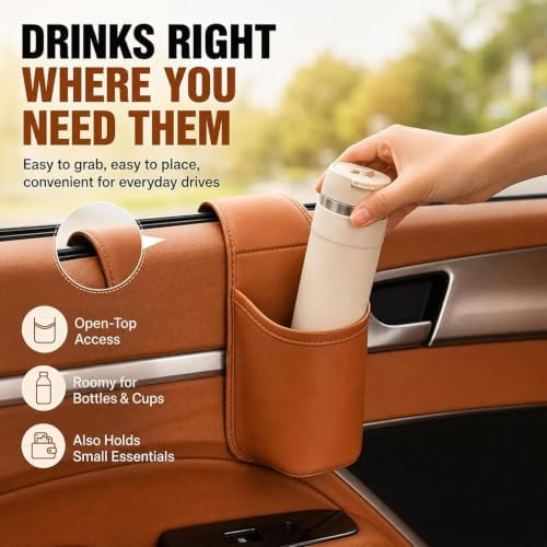 Leather Car Door Cup Holder,Clip on Extra Large Drink Organizer - Image 3