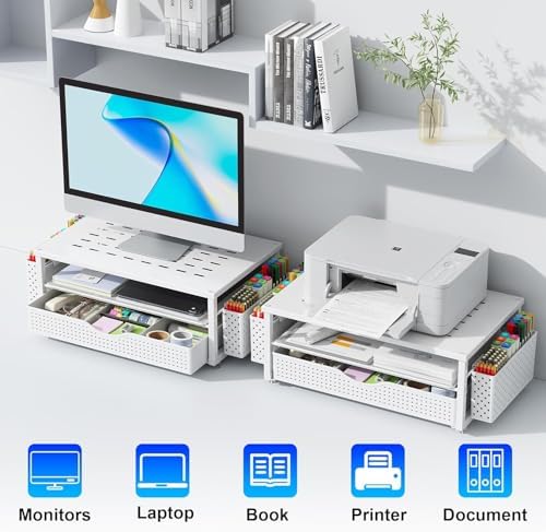 gianotter Desk Organizers and Accessories, Monitor Stand with Drawer and 2 Pen Holder, Desktop Organizer Suitable for Offices and Dormitories (White) - Image 6