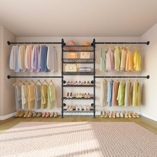 Timate S3X Expandable Wall Mounted Clothes Rack with 6 Adjustable Shelves & 4 Expandable Hanger Rods, Heavy Duty Industrial Pipe Clothing Rack for Hanging Clothes, Fits Spaces 5'11"- 8'10", Black - Image 6