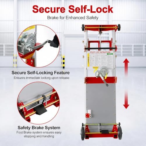Material Lift Winch Stacker, 400 lbs Capacity, 122" Max Raised Height, Fixed Straddle Hand Winch Lift Trucks for Warehouse, Factory, Library, 34.60"L x 24.80"W,Red - Image 6