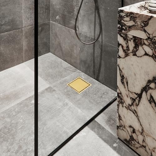 Square Shower Drain with Flange, 6 Inch, Brushed Gold, 2-in-1 Grate - Image 2