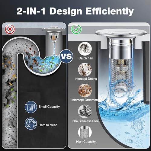2PCS Bathroom Sink Drain Strainer,Pop Up Sink Drain Stopper Hair Catcher with Removable Stainless Steel Floor Drain Filter Basket,Universal Drain Plug Filter Replacement Bathroom Shower Sink Stopper - Image 4