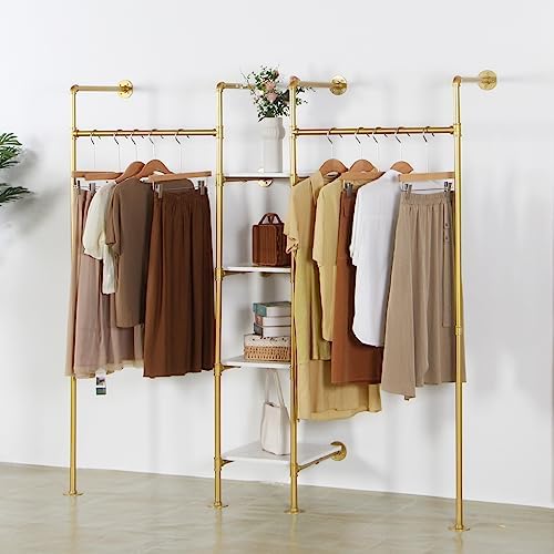 Industrial Pipe Gold Clothing Rack with Shelves, Retail Display Wall Mounted Storage Clothes Hanging Shelf Gold Pipeline Hanging Rod Steampunk Style, 4 Tier Wood Garment Rack 72.8x71inch - Image 6