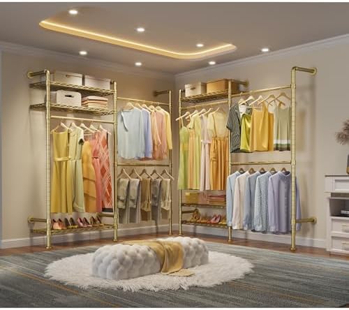 Timate F2 Industrial Pipe Clothes Rack Wall Mounted Clothing Rack for Hanging Clothes, Expandable Garment Rack Heavy Duty Wardrobe Closet Organizer and Storage, Adjustable Industrial Closet Kit, Gold - Image 5