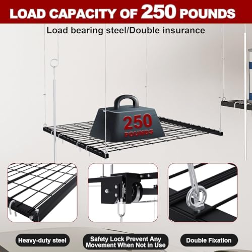 Montary 4x4 FT Overhead Garage Storage Rack for 10-12 FT Ceiling, Adjustable Ceiling Lifting Storage Rack with Safety Lock, 250LBS Capacity All-Steel Heavy-Duty Garage Lifting Organizer - Image 2