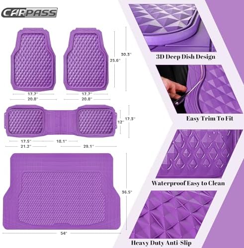 CAR PASS Heavy Duty Rubber Purple Car Floor Mats & Cargo Liners, Deep Dish All-Weather Trunk Mats Durable Anti-Slip 3D Rhombus Waterproof Trim to Fit Liner Universal Fit Auto,Sedan,SUV,Truck, Purple - Image 3