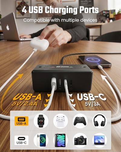 10Ft Long Extension Cord, SUPERDANNY Flat Plug Surge Protector Power Strip - Image 5