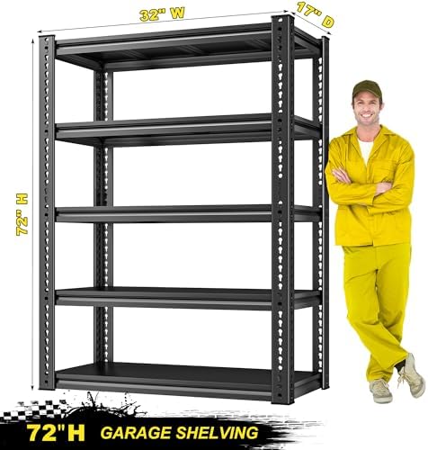 REIBII Garage Shelving Load 2000 LBS, Adjustable 5-Tier Storage Shelves, Metal Shelving Units and Storage Rack Shelf for Garage, Basement, Kitchen, 32" W x 17" D x 72" H, Black - Image 3