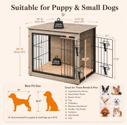 Yaheetech 27.5in Wooden Dog Crate Furniture w/Cushion for Small Dogs, Gray - Image 3
