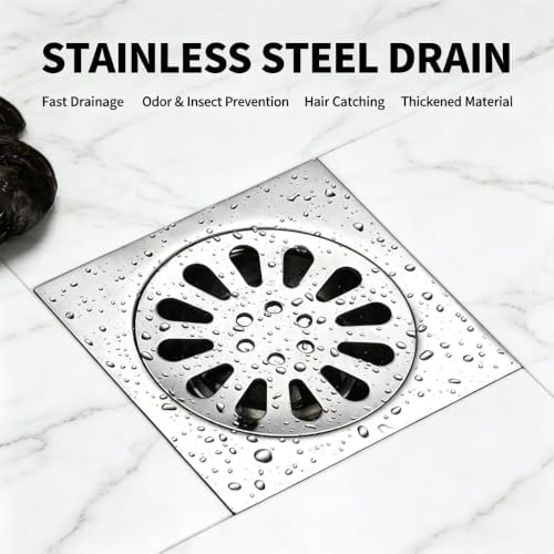 4 Inch Brushed Stainless Steel Square Shower Floor Drain, Floor Drain Cover with Hair Filter and Deodorizing Core, Fast Drainage Drain Accessory for Bathroom, Kitchen, Balcony and Laundry Room - Image 6