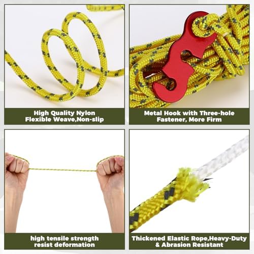Yulejo 24 Pcs Tarp Clips Heavy Duty and Bungee Cords Tarp Clamps Shark Tent Fasteners Clips Holder for Swimming Pool Cover Awnings Outdoor Camping Caravan Canopies Car (Guyline with Tensioner,Yellow) - Image 4