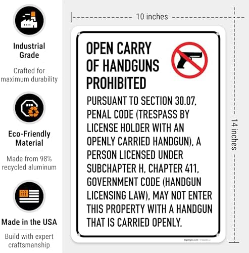 No Open Carry of Handgun Prohibited Texas §3007 Sign, - Image 3