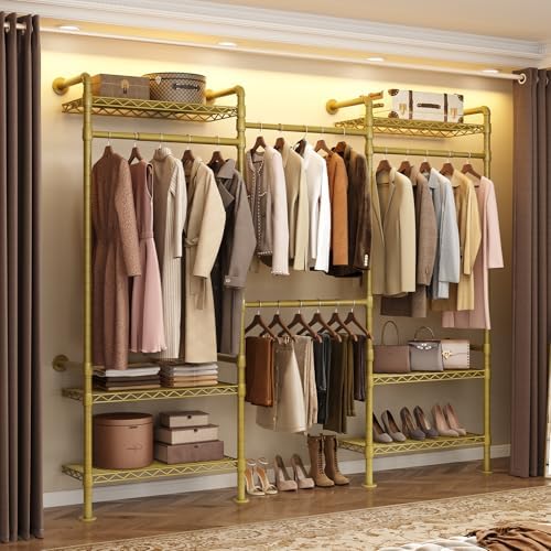 3-Bay Industrial Pipe Closet System, Wall Mounted Garment Racks, Gold by LEFURTURE