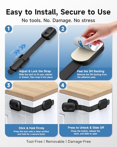 Infinno 12 Pack Cabinet Locks Baby Proofing Heavy Duty - Child Safety Cabinet Locks for Drawers, Cupboards & Fridge – No Drill 3M Adhesive Locks for Pets - Toddler Safety Latches-Black - Image 4