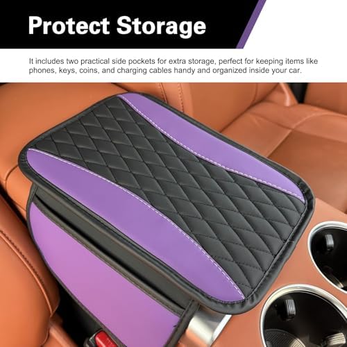 Car Center Console Cover, Patchwork Leather Center Console Covers for Cars, Waterproof Comfortable Car Armrest Seat Box Cover Protector, with 2 Side Storage Bag, Universal for Cars (Purple) - Image 7