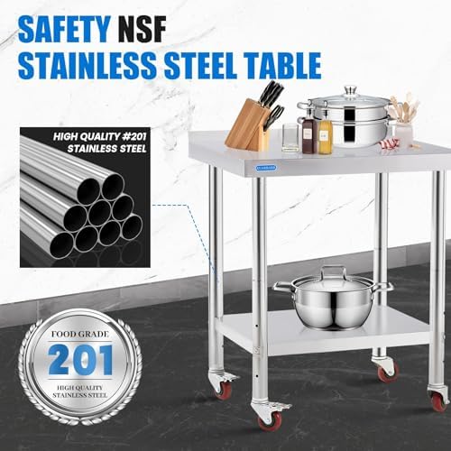 KUARBARR Stainless Steel Table for Prep & Work with 4 Caster Wheels with Backsplash 24 x 30 NSF Metal Commercial Kitchen Adjustable Under Shelf Worktable for Restaurant Home Outdoor - Image 3