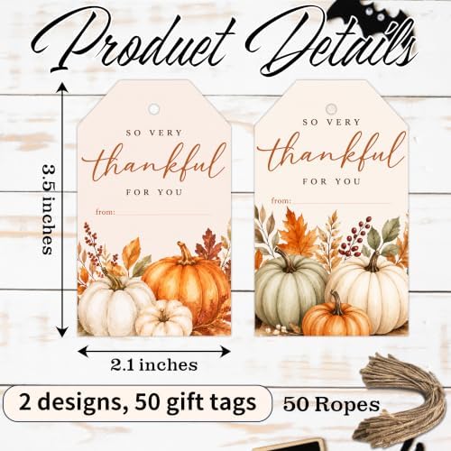 Thankful Pumpkin Fall Gift Tags with String, 50PCS Thanksgiving Hanging Tags for Gift Wrapping, Autumn Harvest Thank You Labels for Friendsgiving, Party Favors, Bakery Packaging, DIY Crafts - A01 - Image 2