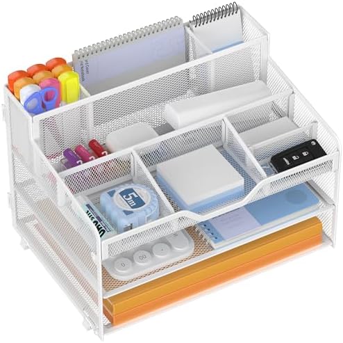 Docnest 3 Tier Mesh Desk Organizer with Letter Tray & Paper Sorter, White by DocNest