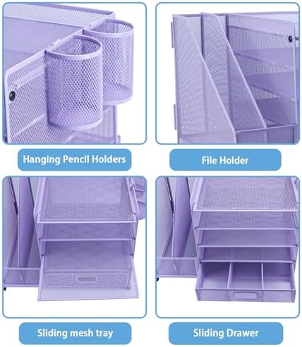 Desk Organiser with 2 Pack Magazine File Holder, 5-Tier Paper Tray Organiser with Drawer and 2 Pen Holder, Letter Tray Multifunctional for Office, School, Home - Purple - Image 3