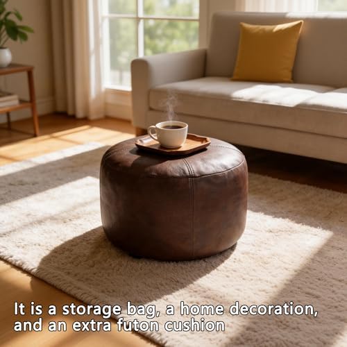 Thgonwid Unstuffed Faux Leather Pouf Cover, Handmade Footstool Ottoman Storage Solution, Floor Footrest Cushion - 16.5”Dx12”H, Matte Coffee - Image 2