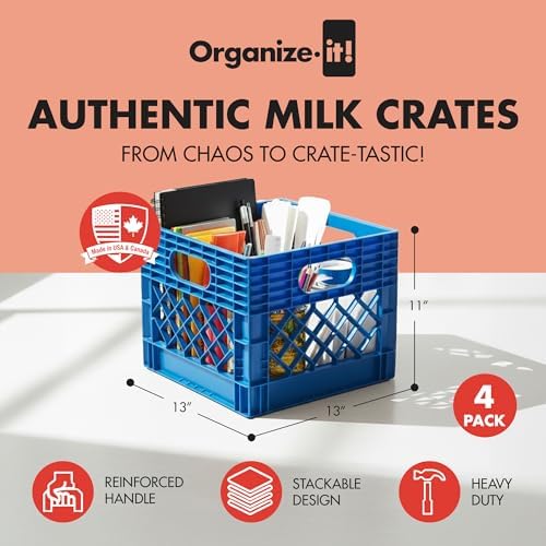 ORGANIZE-IT! 4 Pack Storage Milk Crate, Heavy Duty Versatile Box Organizers with Easy-Grip Handles, Interior 12.25"L x 12.25"W x 10.5"H, Blue - Image 2