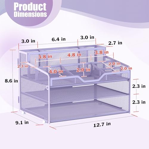 Docnest 3 Tier Mesh Desk Organizer with Letter Tray & Paper Sorter, Purple - Image 3