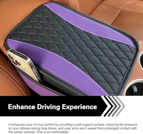 Car Center Console Cover, Patchwork Leather Center Console Covers for Cars, Waterproof Comfortable Car Armrest Seat Box Cover Protector, with 2 Side Storage Bag, Universal for Cars (Purple) - Image 5
