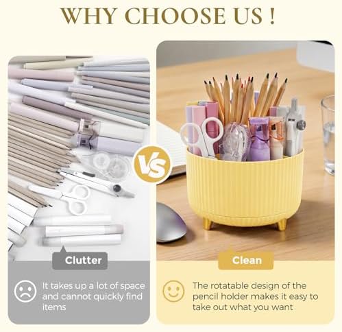 KONVINIT Pencil Pen Holder for Desk, 5 Slots 360-Degree Rotating Desktop Organizer, Cute Desk Organizers and Accessories for School, Home, Office and Art Supply, Yellow - Image 3