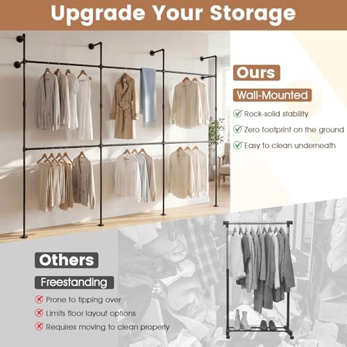 Giantex Industrial Pipe Clothing Rack, 118" Wall Mounted Heavy-Duty Metal Garment Organizer with 6 Hanging Rods, 2-Tier Walk-in Closet System for Wardrobe Closet, Retail Display - Image 7