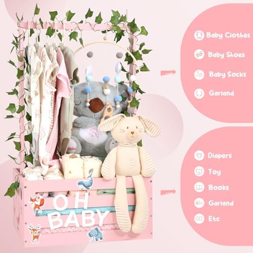 Large Baby Shower Gifts Basket Wooden Crate, Personalized Wooden Letters Hangers New Born Baby Girl Boy Pregnancy Gifts for New Mom Parents Vine Decorations Cute Closet with Adjustable Handle Pink - Image 7