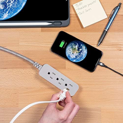 GE Pro 3 Outlet Surge Protector Power Strip, 8 Ft Designer Braided Extension Cord, Flat Plug, Wall Mount, Heather Gray, 45916 - Image 6