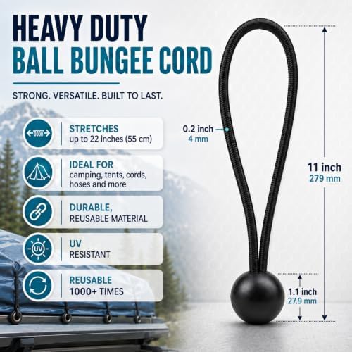 30 Pcs 11 Inches Ball Bungee Cords, Black Heavy Duty Heavyweight Tarp Black Ball Bungee, 4mm Thickness Weather Resistant Tie Down Strap, Suitable for Camping, Securing Tents, Fixing Cables and Hoses - Image 2