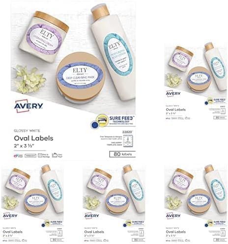 Avery Printable Oval Labels, 2" x 3-1/3", Glossy White, Laser & Inkjet Compatible, 80 Blank Labels Total, Great for Mailing, Branding, Packaging, and More (22820) (Pack of 5) by Avery