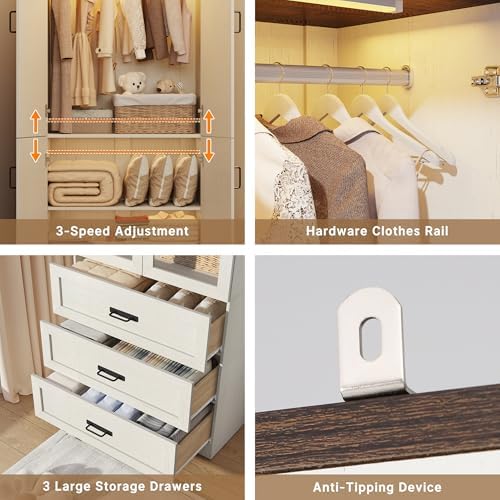 75" Tall Farmhouse 4 Doors Armoire Wardrobe Closet with 3 Drawers and LED,Freestanding Closet Wardrobe Cabinet for Bedroom with Hanging Rod,Wooden Armoire Storage Cabinet Adjustable(Rustic Off White) - Image 7