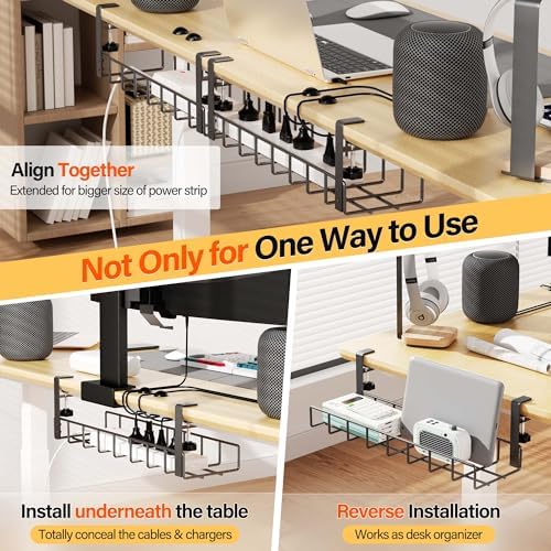 2 Pack Cable Management Under Desk Tray, 31.4" No Drill Under Desk Wire Management with Upgraded Clamp, Metal Cord Organizers for Desk with Cable Organizers, PC Cable Management Rack, Black - Image 4