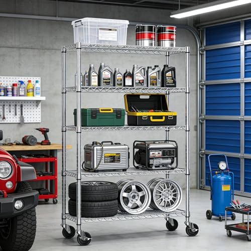 IZEUK 5-Tier Storage Shelving Unit with Wheels, Adjustable Heavy Duty Steel Wire Rack Organizer (Chrome, 17.7" D x 47.2" W x 76.7" H, 1750 lbs Capacity) for Garage, Kitchen, Pantry, Laundry, Basement - Image 6