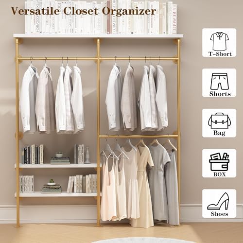 HOMEKAYT Industrial Pipe Clothes Rack with Shelves, Gold Clothing Rack Wall Mounted Heavy Duty Multi-Purpose Storage Clothes Hanging Shelf - 70.8''L Gold - Image 3