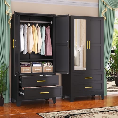 GAIOUS Steel Armoire Wardrobe Closet with Mirror and 2 Drawers 71" Black by GAIOUS