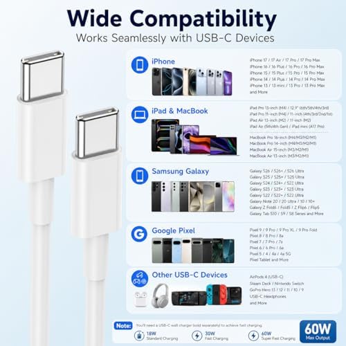 chcela 60W USB C to C Cable 3 Pack 3FT 6FT 10FT Fast Charging Cord White - Image 6