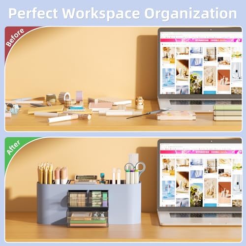 Marbrasse Desk Organizer Pen Holder for Desk with 3 Drawers, Multi-Functional Pencil Holder, Desk Organizers and Accessories with 7 Compartments for Home, School, Classroom(Blue) - Image 7