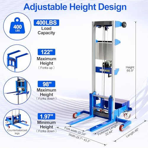 Material Lift Winch Stacker, 400 lbs Capacity, 122" Lift Height, Counterbalance Straddle Hand Winch Lift Truck, Material Lifts for Warehouse, Factory, Library, 46"L x 43"W - Image 2
