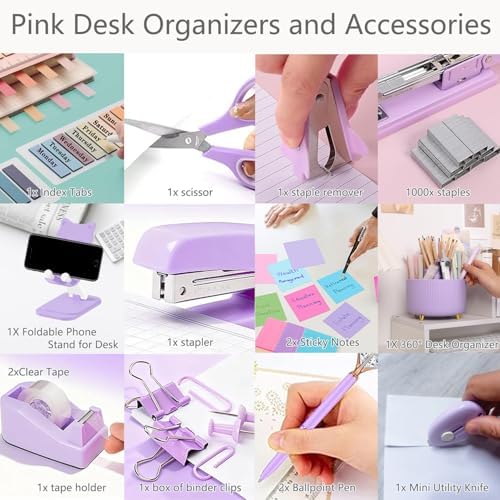 Office Supplies,Purple Desk Accessories,Desk Organizer,Phone Stand,Scissors,Stapler,Tape Dispenser,Binder clips,Staples,staple remover,Sticky Notes,Index Tabs,Clear Tape,Mini Box Cutter,Cool Pen.16pcs - Image 5