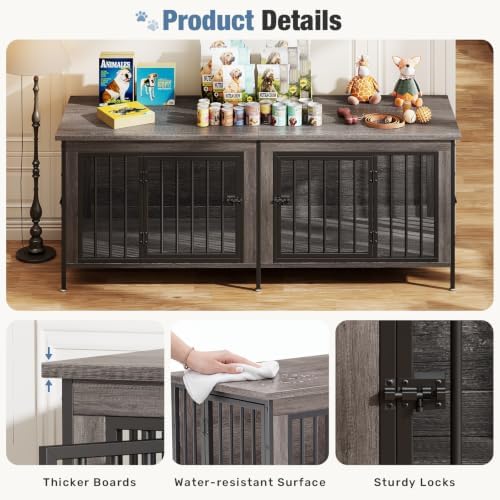 DUMOS 63" Dog Crate Furniture for 2 Dogs with Divider, Gray Wood Grain - Image 3