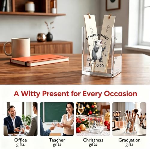 Funny Possum Office Acrylic Cosmetic Pen Pencil Holder Cup, The Horrors Persist But So Do I Cute Pencil Organizer, Humor Unique Desk Accessories, Sarcastic Gifts for Women Men Coworker（A44） - Image 5