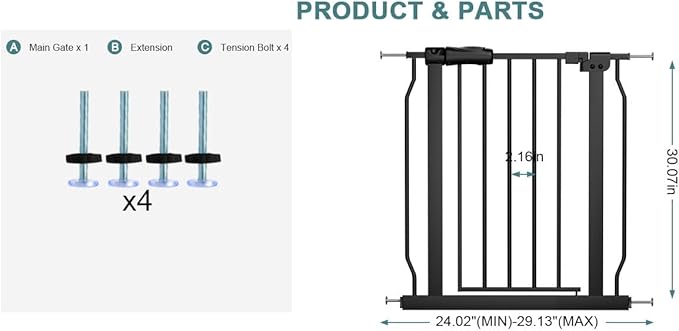 Narrow Walk Through Baby Gate 24.02-29.13 Inch Wide Auto Close Tension Black - Image 2