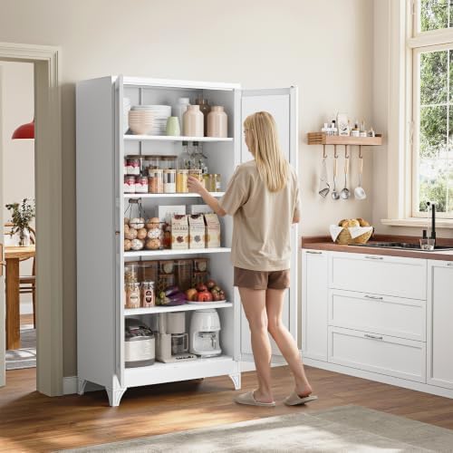 Yizosh Metal Storage Cabinet Kitchen Pantry Cabinet 4 Adjustable Shelves Kitchen Pantry Cabinet for Livingroom Pantry Bathroom Kitchen 75.6" H x 35.6" W x 17.7" D White - Image 2
