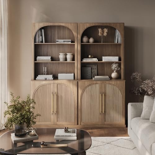 BELLEZE Storage Cabinet with Hutch Set of 2, 72" Tall Modern Wood Sideboard with 3-Tier Shelves, Curved Styling Door Cabinet Curio Cabinet for Office, Study, Kitchen, Living Room, Camel by BELLEZE